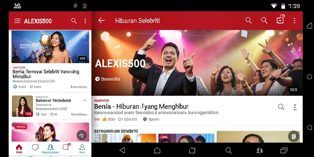 Menampilkan antarmuka aplikasi ALEXIS500 dengan fitur berita selebriti yang menarik.